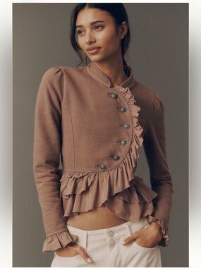 Curved Ruffle Military Cardigan Top